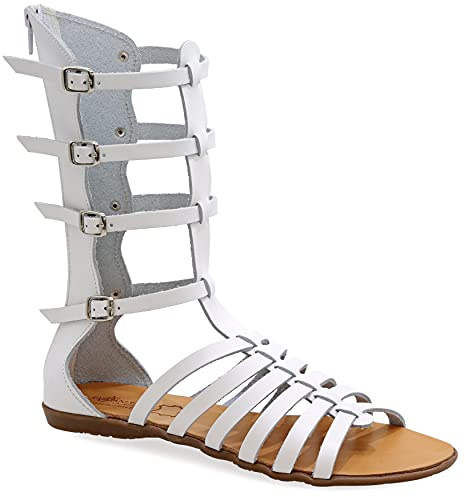 Emmanuela Sandales en cuir de gladiateur à la main de l'Emmanuela antique grecque, des sandales hautes veaux avec fermeture à glissière à la tige, chaises d'été plats pour femmes