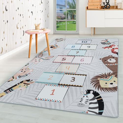 HomebyHome Kinderteppich Grau 160x230 cm Hüpfkästchen Design Modern rutschfest Waschbar Pflegeleicht Extra Weich Antiallergen Babyteppich Kinderzimmer Jungen Mädchen