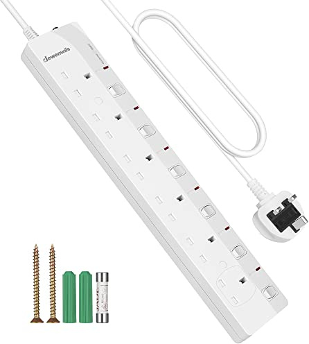 DEWENWILS 6 Way Surge Protected Extension Lead with Individual Switches and Indicator Lights, Extension Cable 3M, 13Amp 6Gang Power Strip Lead, White