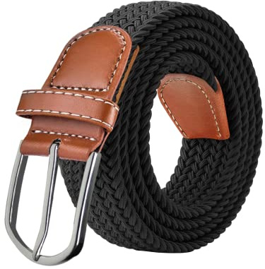 SWAUSWAUK Elastiskt flätat bälte för män och kvinnor – veganbälten med PU-läder och metallspänne, en storlek, Svart, One Size, fit for waist size under 40''