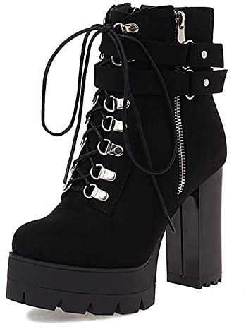SJJH Bottines à plateforme pour femme avec talon bloc haut et rivet, noir mat, 44 EU