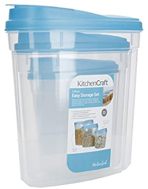 KitchenCraft Plastic Dry Food Storage Containers with Clip Lids for Cereal, Pasta, Rice, BPA-Free, Set of 3