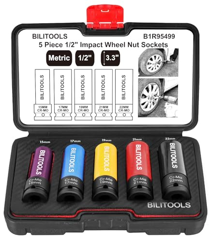 BILITOOLS 1/2 inch Drive Impact Lug Nut Socket Set, 15 17 19 21 22 MM Non-Marring Thin Wall Wheel Protector Nut Socket