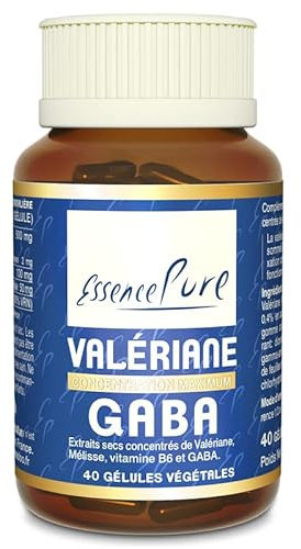 Valériane GABA Essence Pure. Relaxant naturel pour mieux dormir. Valériane désodorisée + Mélisse + GABA + Vitamine B6. Aide à s'endormir et à maintenir le sommeil. 40 Gélules Végétales Api-Nature