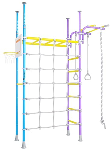 JEFLEX - blau/lila/gelbe Kinder Sprossenwand - Multifunktionaler Komplex für vertikaler Montage/Einfache Installation/Robuste Fitness-Station fürs Kinderzimmer/inkl. Kletterwand-Zubehör