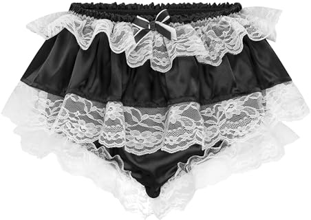 Satini Frilly Lace Sissy Ruffled French Knickers Briefs Lingerie Silky Satin Underwear Panties (Black, L)