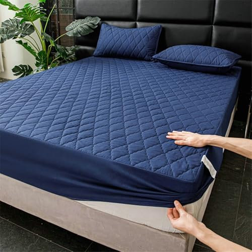 Stfery Spannbetttücher 200X150, Polyester Baumwolle Spannbetttücher Einfarbige Farbe Mit Gitterstruktur Spannbetttücher Marine Blau