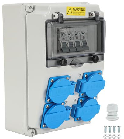 Herrselsam Répartiteur mural avec disjoncteur de protection, répartiteur de courant de chantier avec 4 prises Schuko et prise CEE 16 A pour l'intérieur et l'extérieur