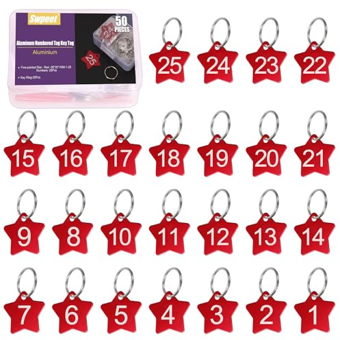 Swpeet 50pcs 1-25 nummer Red Star Aluminium nummer taggar med nyckelringar sortiment kit, metall nyckelring tag med nyckelringar numrerade nyckel taggar ID-tag för kodning, dekoration