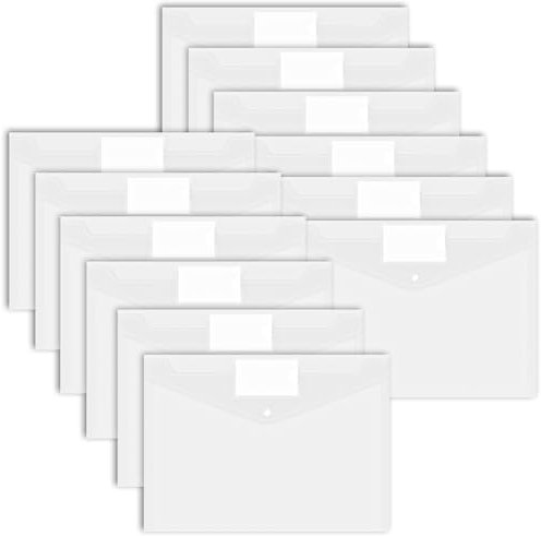 Lot de 12 porte-documents A4 étanches avec poche pour étiquettes, pochette transparente pour organiser des documents, du papier, des fournitures de bureau, des devoirs, du bureau scolaire, des voyages