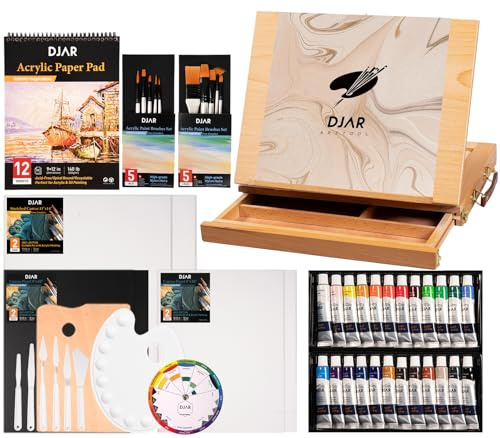 DJAR 49 pcs Acrylic Paint Set with Tabletop Easel Box, 24 Acrylic Paint Colors, Sketchbook, Painting Pads, and Complete Acrylic Art Supplies Kit for Adults, Teens, and Beginners