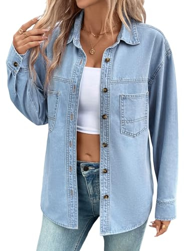Sidefeel Women Denim Shirts Long Sleeve Button Down Blouse V Neck Trendy Jean Jackts Sky Blue X-Large