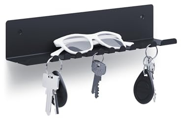 byde Bakker - Mensola da parete 30 x 6 x 6 cm, con 10 ganci e porta cavo di ricarica, organizer per chiavi, lettere e piccoli oggetti, in lamiera di acciaio verniciato a polvere, colore nero.