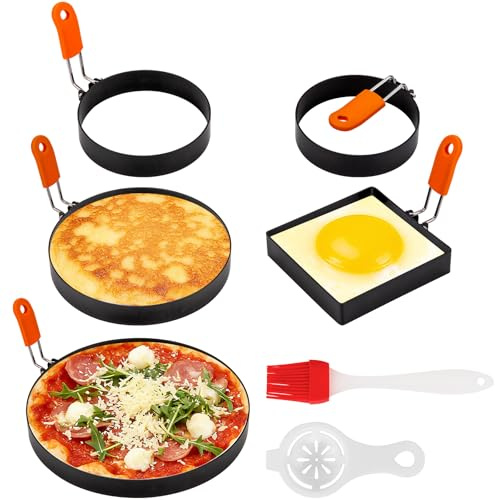Hilsita 5pcs Egg Rings For Frying Eggs, Stainless Steel Crumpet Ring Mold Griddle Pancake Shapers with Silicone Handle,Includes Bonus Oil Brush and Egg Separator(4.72Square, 3.5 4 6 8 Round)