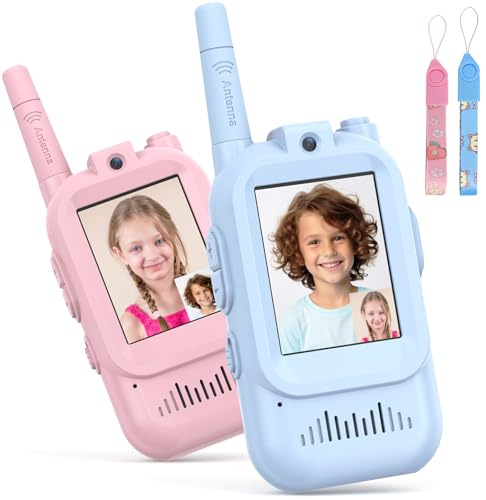 Hangrui Talkie Walkie Enfants avec Vidéo & HD Caméra,Lot de 2 Talkies-Walkies Rechargeable,Portée 100-400m,4 Modes de Voix Changée, Cadeaux Jouets de Plein air pour Enfants de 3 à 12 Ans (Bleu + Rose)