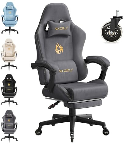 WOLTU Silla Gaming con Soporte Lumbar, Silla Oficina Ergonómica,Gris | con Cabeza y Reposapiés, Sillón Trabajo Giratorio con Gran Asiento y Ruedas, Tela de Ante