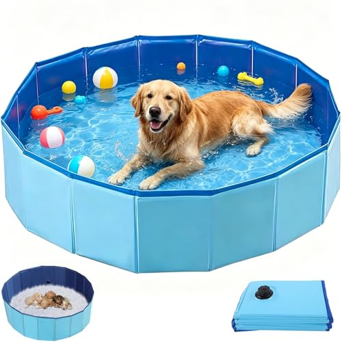 Abiemuce Piscina pieghevole per cani, 120 x 30 cm, con valvola di scarico per cani di piccola e media taglia, in PVC, antiscivolo, adatta anche per bambini, portatile e facile da riporre