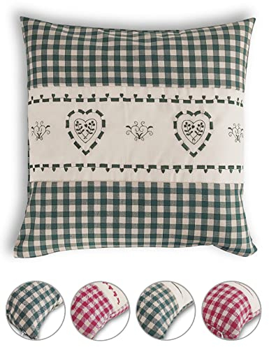 wometo Kissenhülle Zierkissen 40x40 OekoTex - Landhaus-Stil Dekokissen Sofakissen Stick Herz grün kariert, Karo grün Heller Hintergrund Reißverschluss