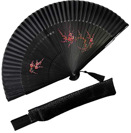Eastern Wind Ventaglio pieghevole nero cinese e giapponese, ventagli di bambù fatto a mano puro, inclusa borsa 22X44 cm