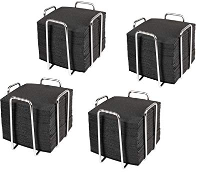 HostelNovo - 4er Set Serviettenringe mit 200 Stück Cocktailservietten 10x10 cm - Serviettenhalter aus robustem Edelstahl - schwarze Servietten, Einwegpapier