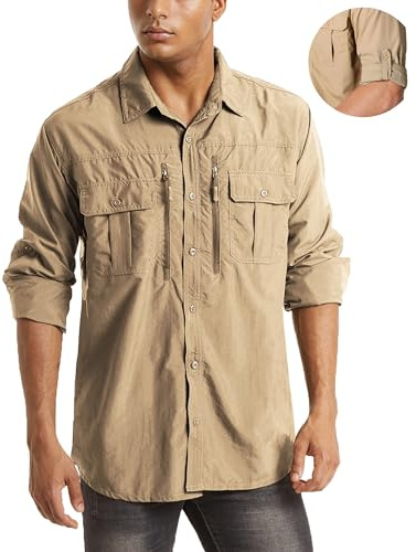 MAGCOMSEN UV Shirts for Men Long Sleeve Fishing Shirts Button Up Work Shirts for Men Hiking Shirts Quick Dry Tactical Shirts Khaki L
