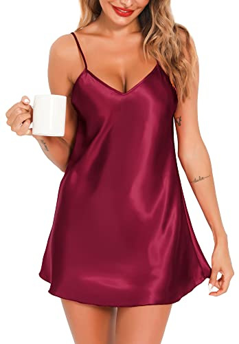 Lovasy Satin Nightdress for Women Sexy Negligees Strap Chemise Silk Nighties for Women V-Neck Ladies Nightdress Full Slips Nightwear Nightgown UK Size 6-22,Purplish Red,XL