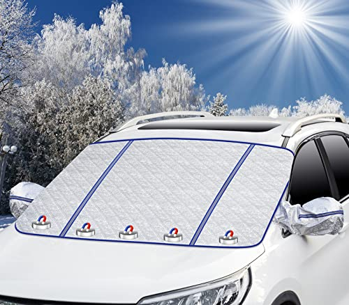 Oziral Windscreen Cover Car Windshield Cover for Winter Foldable with 5 Magnet Heat Protection Windscreen Cover with Two Mirror Covers against Snow ICE Dust Frost UV Protection 41 x 57 in/105 * 145CM