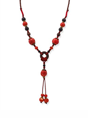 MINACHI Boho Hippie Red Ceramic Beads Strand Wooden Ring Circle Necklace, Vintage Bohemian Statement Jewelry Gift for Women
