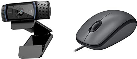Logitech C920 HD Pro Webcam, Full HD 1080p/30fps Video Calling, Black & M100 Wired USB Mouse, 3-Buttons,1000 DPI Optical Tracking, Ambidextrous, Compatible with PC, Mac, Laptop - Grey