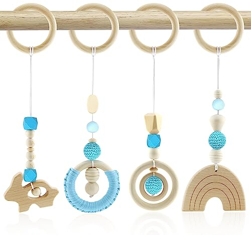 Spielbogen Baby Spielzeug ab 0 Monate Spielbögen Baby Gym Anhänger Holz 4 Stück Spielebogen Babies Toys für Mädchen Jungen Babyspielzeug für Babyschale Kinderwagen Autositz Spielzeug (Blau)