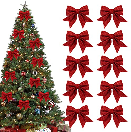 Shining She 10 PCS Arcs de Noël Pailletés, Petits Noeuds de Noël, Noeuds Pailletés pour Couronnes de Noël, Guirlandes, Décorations d'arbres, Rouge