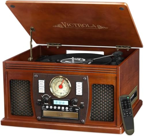 Victrola Navigator – Tocadiscos Bluetooth 8 en 1 con CD, Casete, Radio FM, USB, Altavoces Integrados, Salida RCA y Auriculares, transmisión inalámbrica (Caoba)