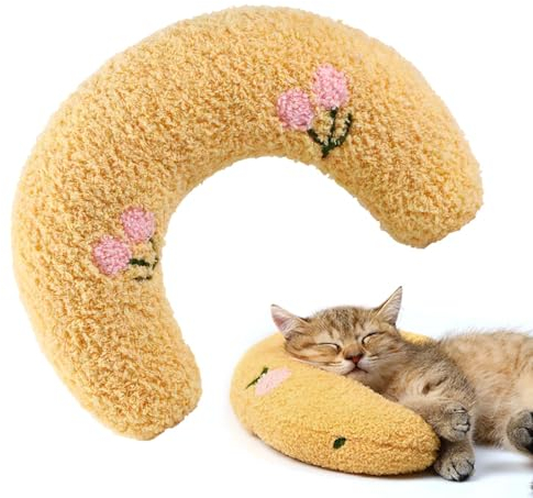 Taozoey Katzenminze Kissen, katzenkissen, Baldrian Kissen für Katzen, Weiches Flauschiges Haustier Beruhigendes Spielzeug, U-Förmiges Haustierkissen Zum Schlafen, Spielen Gelb