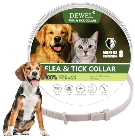 DEWEL Collar Antiparasitarios para Perros Grandes Medianos y Pequeño, Collar contra Pulgas y Garrapatas para Mascotas 6-8 Meses, Collar Antipulgas Impermeable y Cortable de 61 cm (Gris)