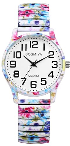 JewelryWe Elastic Watches for Women: Easy Read Analog Quartz Stretch Band Watch Floral Expansion Band Wristwatch