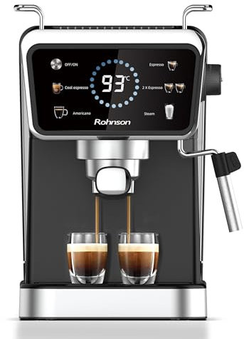 Rohnson Macchina per Espresso Caffè Macinato, Pompa da 20 Bar, Serbatoio Acqua Rimovibile da 1,5 L, 1350W, Tecnologia Caldo e Freddo, Lancia Vapore per Latte, Facile da Pulire, Design Efficiente