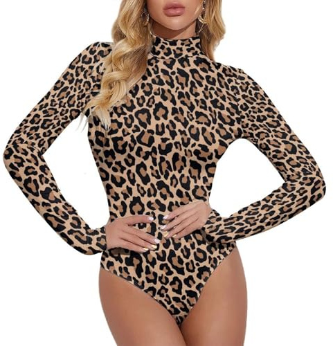 VOSERY Body à manches longues pour femme, imprimé léopard marron, col roulé A, combinaison pour femme, contrôle du ventre, Noir/blanc, XXL