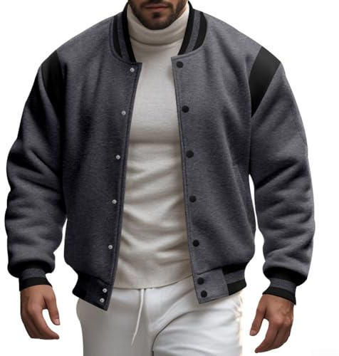 Jonikuper Veste de baseball sans col pour homme - Veste légère et décontractée - Veste de baseball lourde en velours - Col montant (L gris foncé)