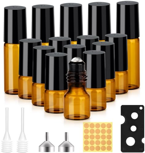 MELLIEX 15 st. rulle på glasflaskor för eterisk olja, brun flaska tom 5/2 ml rollon-flaskor för oljor med rullar i rostfritt stål för aromaterapi blandning massage