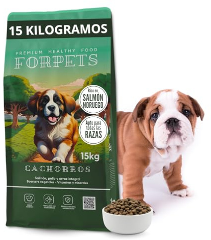 Pienso para Cachorros 15 kg | Salmón, Pollo y Arroz Integral | Digestión Sensible y Crecimiento Saludable | Sin Gluten, Alto en Proteína | Razas Pequeñas, Medianas y Grandes | FORPETS