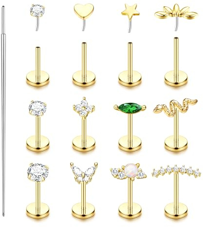 KALVICA 12 Pcs Piercing Tragus Acier Chirurgical Hypoallergénique Piercing Nez Or/Argent Piercing Labret Levre Helix Conch Cartilage Oreille Pour Femme 16G/18G/20G