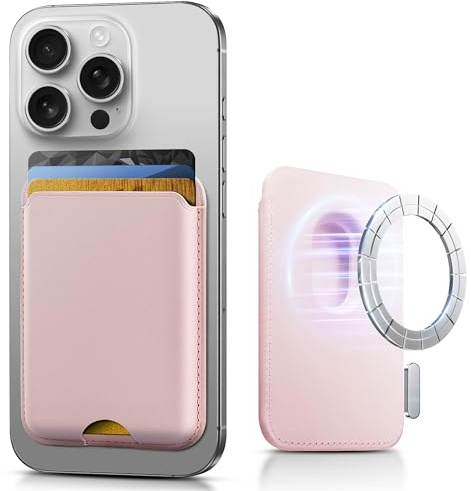 SOUNDBYTE Stronger Magnetic Wallet for iPhone 17/16/15/14/13/12 Series & for MagSafe Cases | N52 Magnet RFID Blocking Leather Magnetic Card Holder with Powerful Magnets | Holds 3 Cards | Pink
