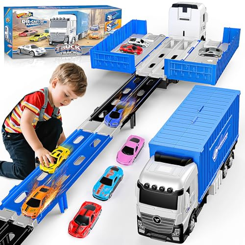 iKidiki Circuit Voiture Enfant 2 3 4 5 6 Ans, Transporteur Voiture Enfants Jouet Enfant 2 3 4 5 6 Ans Garcon Cadeau Garcon 2 3 4 5 Ans, 156CM Camion de Transport avec 8 Mini Cars