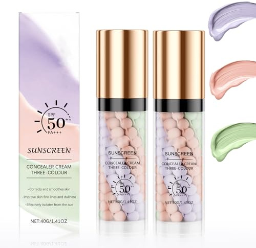 Drei Farben Concealer Primer Makeup 2PCS, 3-in-1 Farbkorrektur Isolationscreme mit SPF 50, Feuchtigkeitsspendende Make-Up Basis & Ölkontrollierender Concealer, für ein ebenmäßiges Hautbild