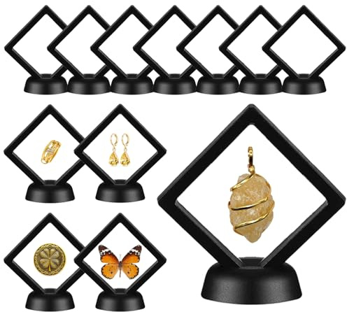 BMHHWAI 12Pcs 3D Floating Display Case 2.7in Black, Clear Film Jewelry Storage Box Plastic Frame Stand for Challenge Coin Fossils Rocks Shark Tooth Butterfly