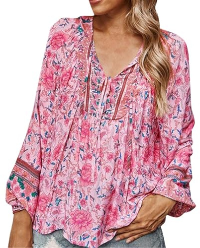 Generisk damblus långärmad med V-ringning blommönster ledig bohemisk tunika skjorta topp av lätt tyg