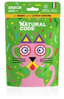 Natural Code Snack Gatto,snack per gatti adulti di tutte le taglie ripieni con MANZO, LATTE E CURCUMA | 3 confezioni da 60 grammi l'una.
