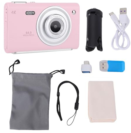 Cámara Digital 4K para fotografía de 64MP, cámara de vlogging con Enfoque automático con cámara Dual, cámara portátil antivibración para apuntar y Disparar con Flash, trípode con (Rosada)
