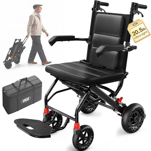 VOCIC U42 Ultralight Wheelchair for Adults, 9.3KG Transport Chair & Walker | Foldable & Portable Wheelchair for Seniors, Up to 110KG, 4cm Soft Seat, 8'' Honeycomb All-Terrain Wheels for Travel, Black