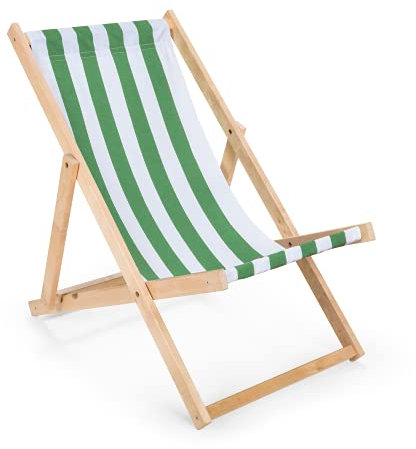 IMPWOOD MPWOOD Liegestuhl klappbar Holz - Sonnenliege aus Buchenholz bis 120 Kg - grün-weiß gestreift- Holzklappstuhl für Balkon, Strand und Terrasse & Camping - Gartenliege - Strandliege